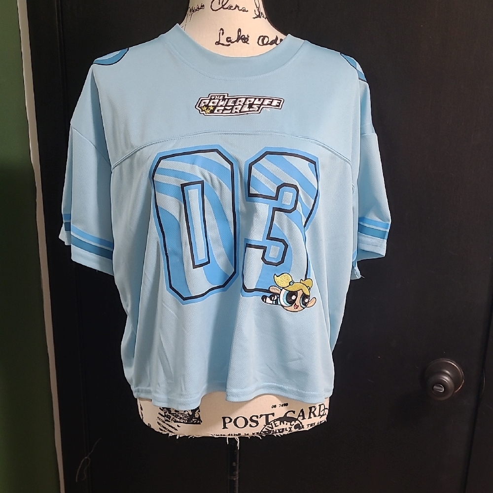 The Power Puff Girls Light Blue Cropped Jersey with Bubbles Design
